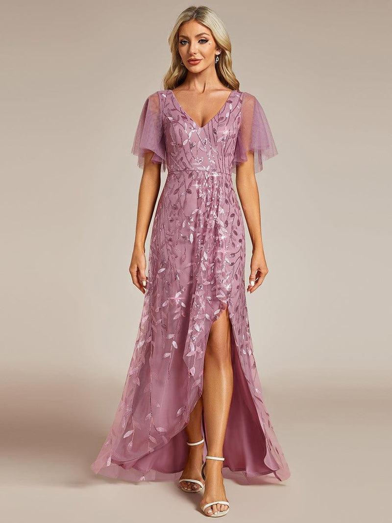 ever ALIX|Short Sleeves Sequin High Low V-Neck Midi Formal Evening Dress