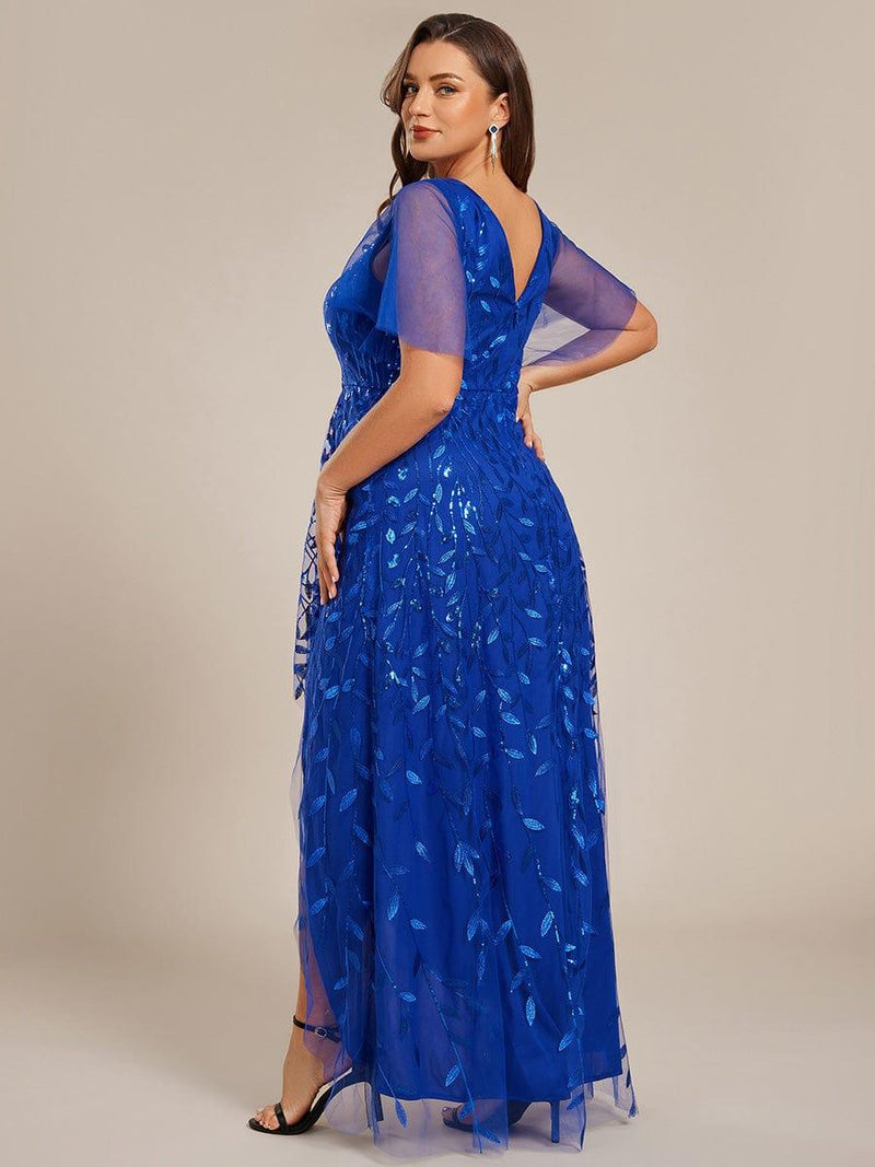 ever ALIX|Short Sleeves Sequin High Low V-Neck Midi Formal Evening Dress