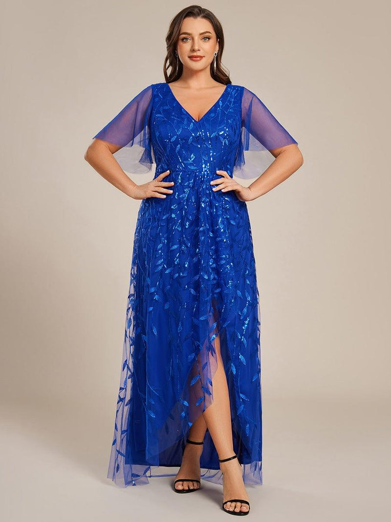 ever ALIX|Short Sleeves Sequin High Low V-Neck Midi Formal Evening Dress