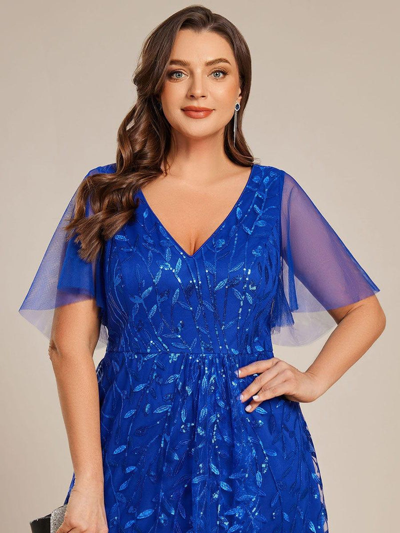 ever ALIX|Short Sleeves Sequin High Low V-Neck Midi Formal Evening Dress