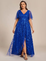 ever ALIX|Short Sleeves Sequin High Low V-Neck Midi Formal Evening Dress