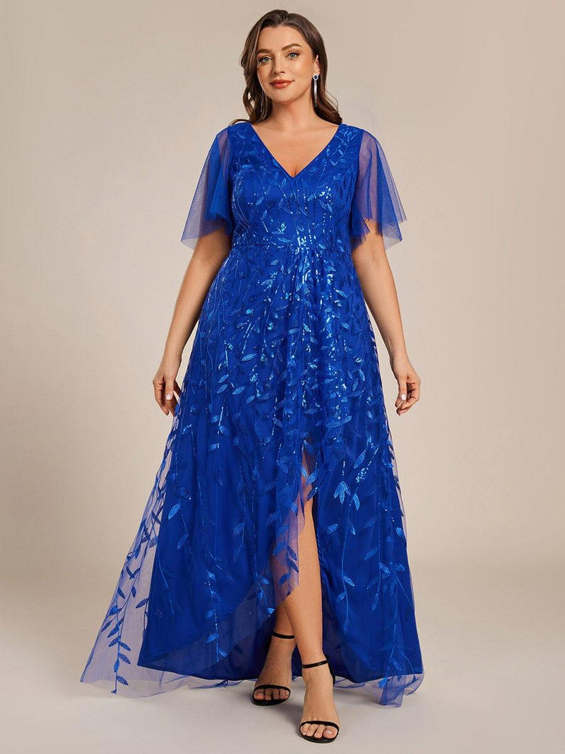 ever ALIX|Short Sleeves Sequin High Low V-Neck Midi Formal Evening Dress
