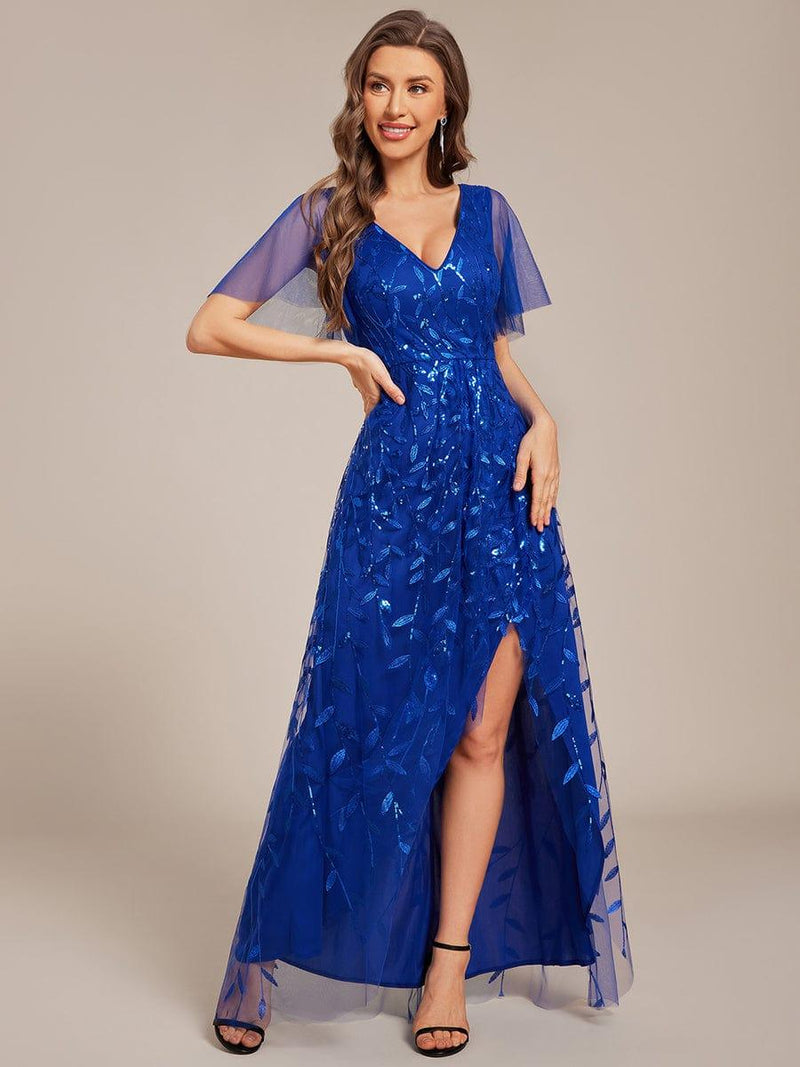 ever ALIX|Short Sleeves Sequin High Low V-Neck Midi Formal Evening Dress