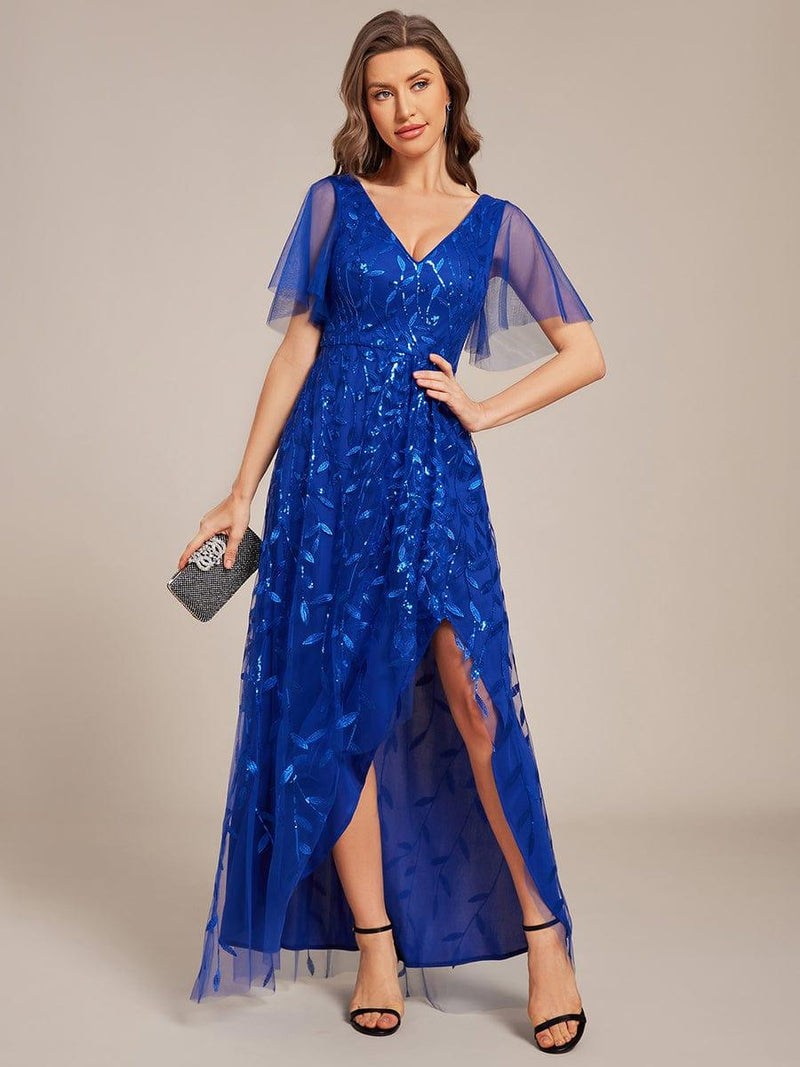 ever ALIX|Short Sleeves Sequin High Low V-Neck Midi Formal Evening Dress