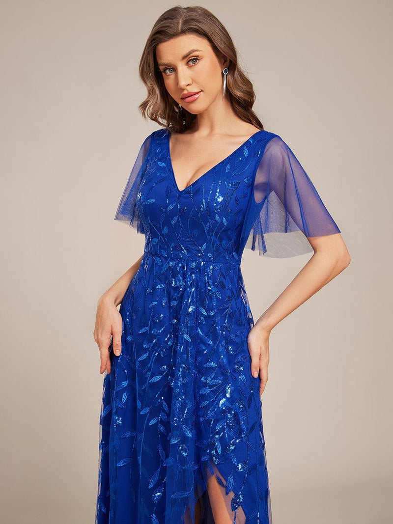 ever ALIX|Short Sleeves Sequin High Low V-Neck Midi Formal Evening Dress