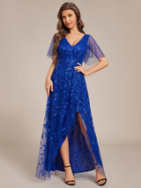 ever ALIX|Short Sleeves Sequin High Low V-Neck Midi Formal Evening Dress