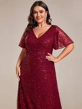 pretty ARIA|Plus Size See-Through Short Sleeves Maxi Sequin Formal Evening Dress