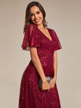 ever ARIA|Shimmering All Over Sequin Short Sleeves A-Line Formal Evening Dress