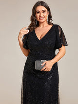 pretty ARIA|Plus Size See-Through Short Sleeves Maxi Sequin Formal Evening Dress