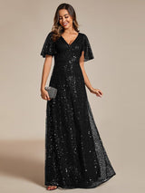 ever ARIA|Shimmering All Over Sequin Short Sleeves A-Line Formal Evening Dress