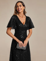 ever ARIA|Shimmering All Over Sequin Short Sleeves A-Line Formal Evening Dress