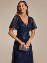 ever ARIA|Shimmering All Over Sequin Short Sleeves A-Line Formal Evening Dress