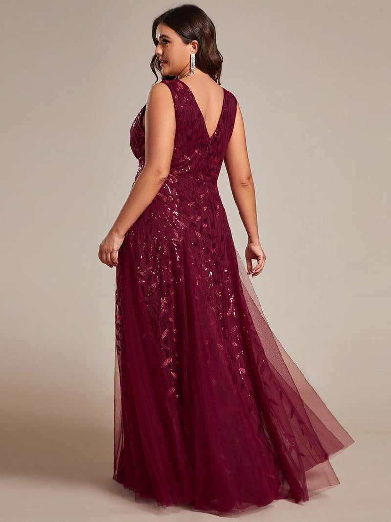 ever ZOEY|V-Neck Leaf Sequin Sleeveless A-Line Formal Evening Dress with Tulle