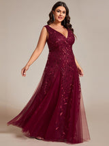 ever ZOEY|V-Neck Leaf Sequin Sleeveless A-Line Formal Evening Dress with Tulle