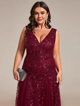 ever ZOEY|V-Neck Leaf Sequin Sleeveless A-Line Formal Evening Dress with Tulle