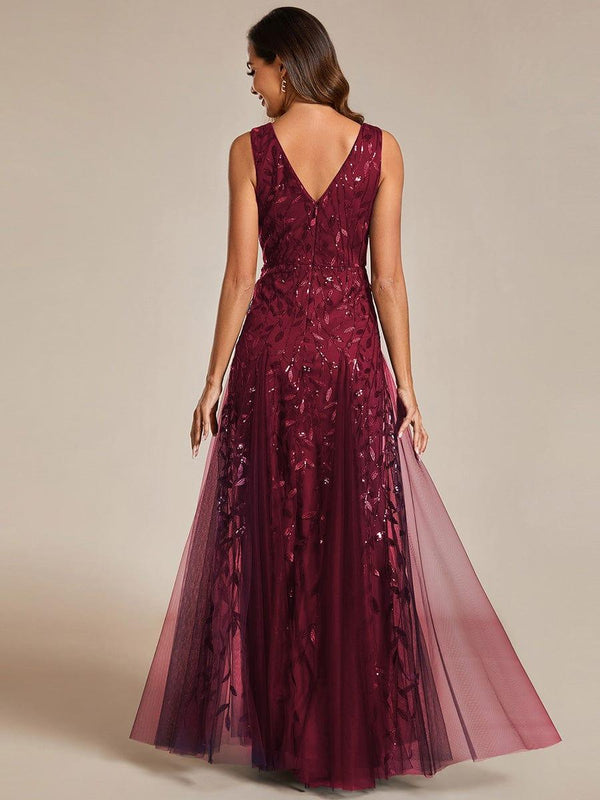 ever ZOEY|V-Neck Leaf Sequin Sleeveless A-Line Formal Evening Dress with Tulle