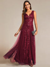 ever ZOEY|V-Neck Leaf Sequin Sleeveless A-Line Formal Evening Dress with Tulle