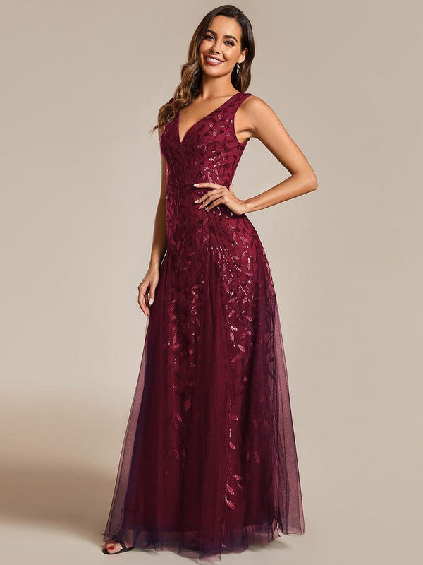 ever ZOEY|V-Neck Leaf Sequin Sleeveless A-Line Formal Evening Dress with Tulle