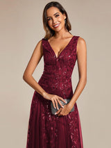 ever ZOEY|V-Neck Leaf Sequin Sleeveless A-Line Formal Evening Dress with Tulle