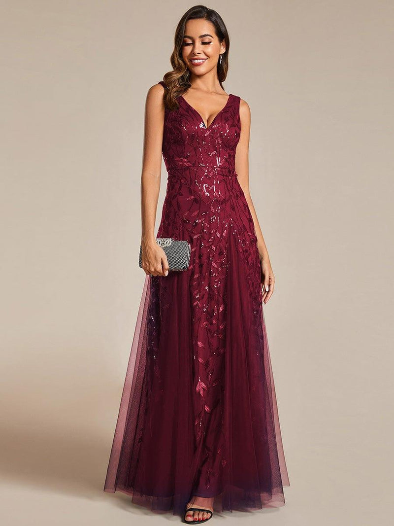 ever ZOEY|V-Neck Leaf Sequin Sleeveless A-Line Formal Evening Dress with Tulle