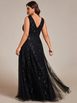 ever ZOEY|V-Neck Leaf Sequin Sleeveless A-Line Formal Evening Dress with Tulle