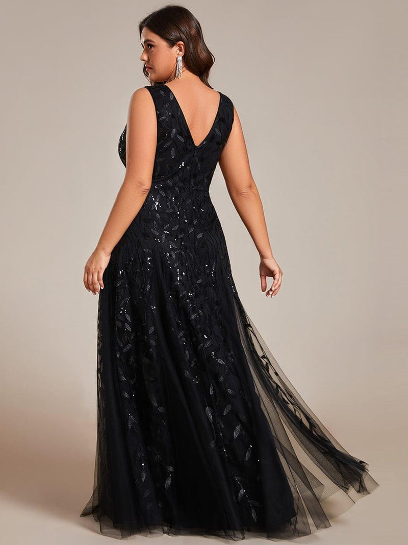 ever ZOEY|V-Neck Leaf Sequin Sleeveless A-Line Formal Evening Dress with Tulle