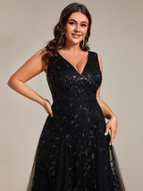 ever ZOEY|V-Neck Leaf Sequin Sleeveless A-Line Formal Evening Dress with Tulle