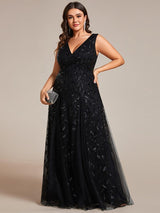 ever ZOEY|V-Neck Leaf Sequin Sleeveless A-Line Formal Evening Dress with Tulle