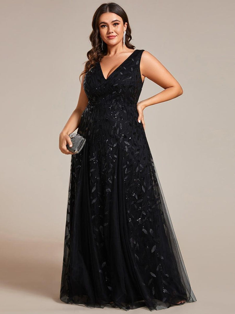 ever ZOEY|V-Neck Leaf Sequin Sleeveless A-Line Formal Evening Dress with Tulle