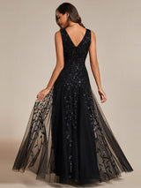 ever ZOEY|V-Neck Leaf Sequin Sleeveless A-Line Formal Evening Dress with Tulle