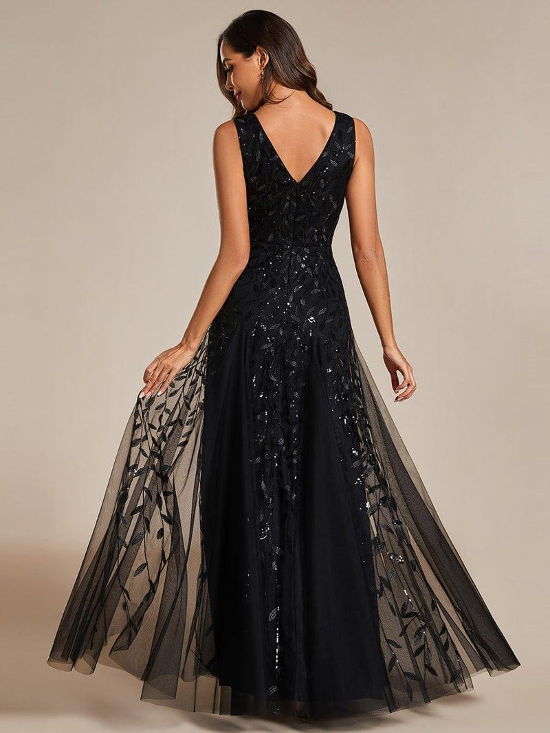 ever ZOEY|V-Neck Leaf Sequin Sleeveless A-Line Formal Evening Dress with Tulle