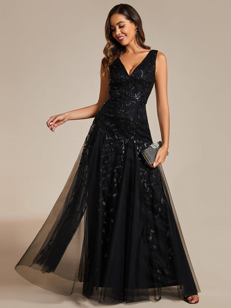 ever ZOEY|V-Neck Leaf Sequin Sleeveless A-Line Formal Evening Dress with Tulle