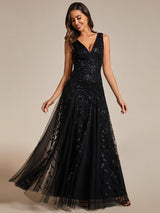 ever ZOEY|V-Neck Leaf Sequin Sleeveless A-Line Formal Evening Dress with Tulle