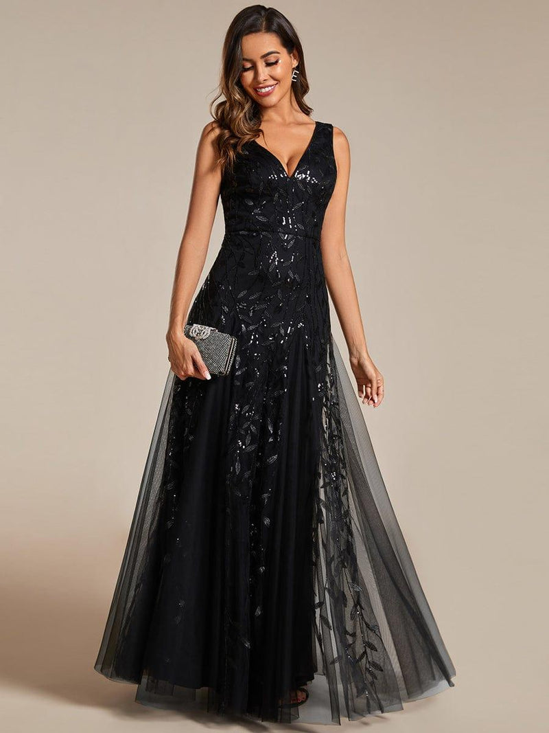 ever ZOEY|V-Neck Leaf Sequin Sleeveless A-Line Formal Evening Dress with Tulle
