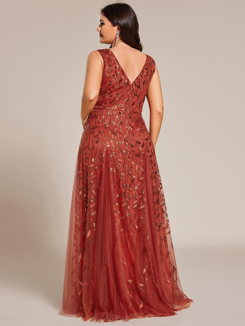 ever ZOEY|V-Neck Leaf Sequin Sleeveless A-Line Formal Evening Dress with Tulle