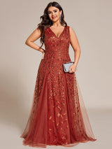 ever ZOEY|V-Neck Leaf Sequin Sleeveless A-Line Formal Evening Dress with Tulle