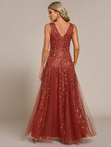 ever ZOEY|V-Neck Leaf Sequin Sleeveless A-Line Formal Evening Dress with Tulle