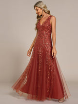 ever ZOEY|V-Neck Leaf Sequin Sleeveless A-Line Formal Evening Dress with Tulle