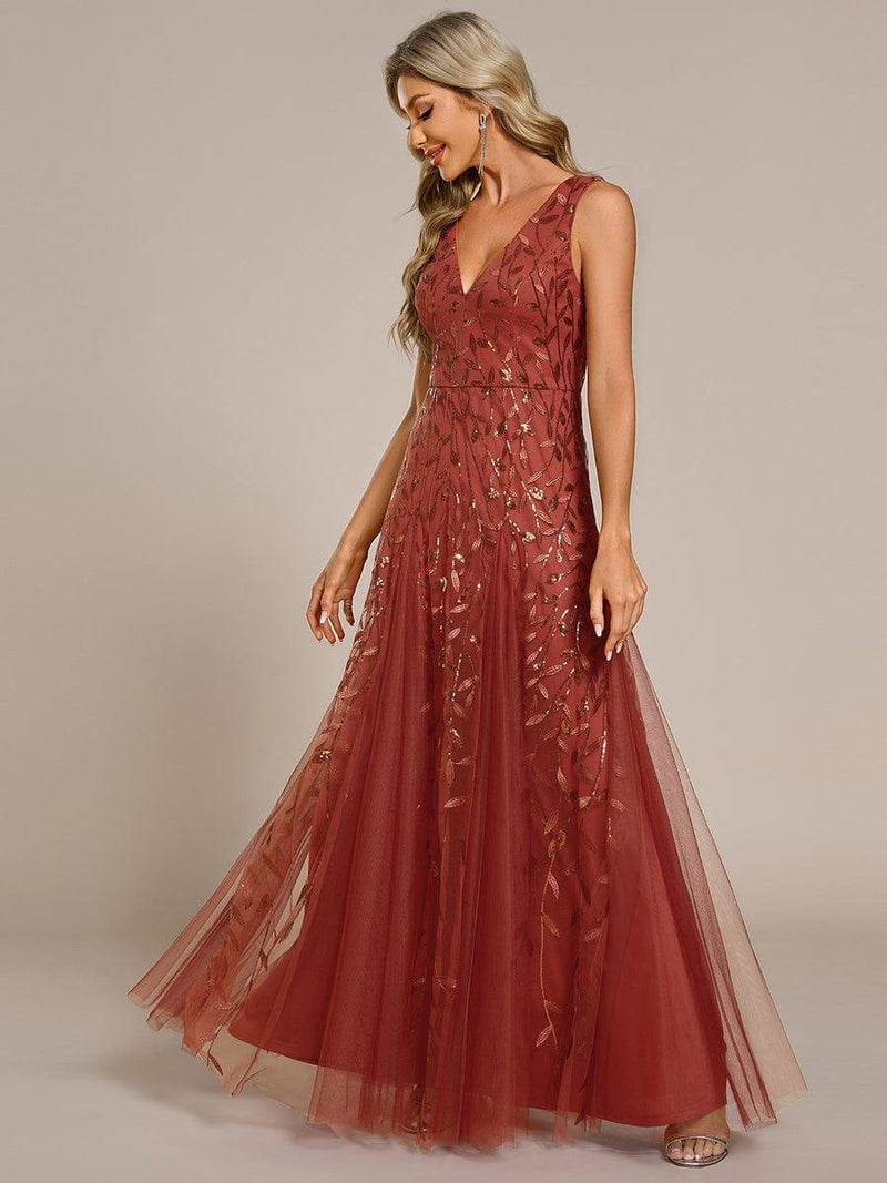 ever ZOEY|V-Neck Leaf Sequin Sleeveless A-Line Formal Evening Dress with Tulle