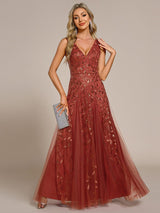 ever ZOEY|V-Neck Leaf Sequin Sleeveless A-Line Formal Evening Dress with Tulle