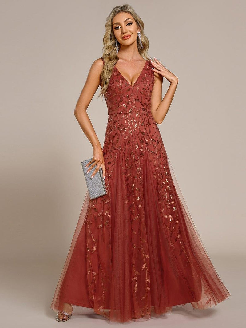 ever ZOEY|V-Neck Leaf Sequin Sleeveless A-Line Formal Evening Dress with Tulle