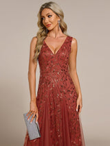 ever ZOEY|V-Neck Leaf Sequin Sleeveless A-Line Formal Evening Dress with Tulle