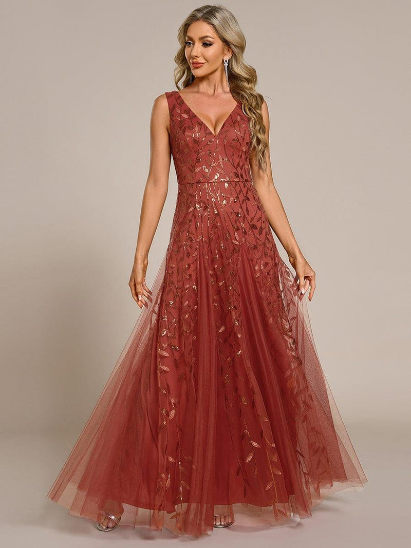 ever ZOEY|V-Neck Leaf Sequin Sleeveless A-Line Formal Evening Dress with Tulle