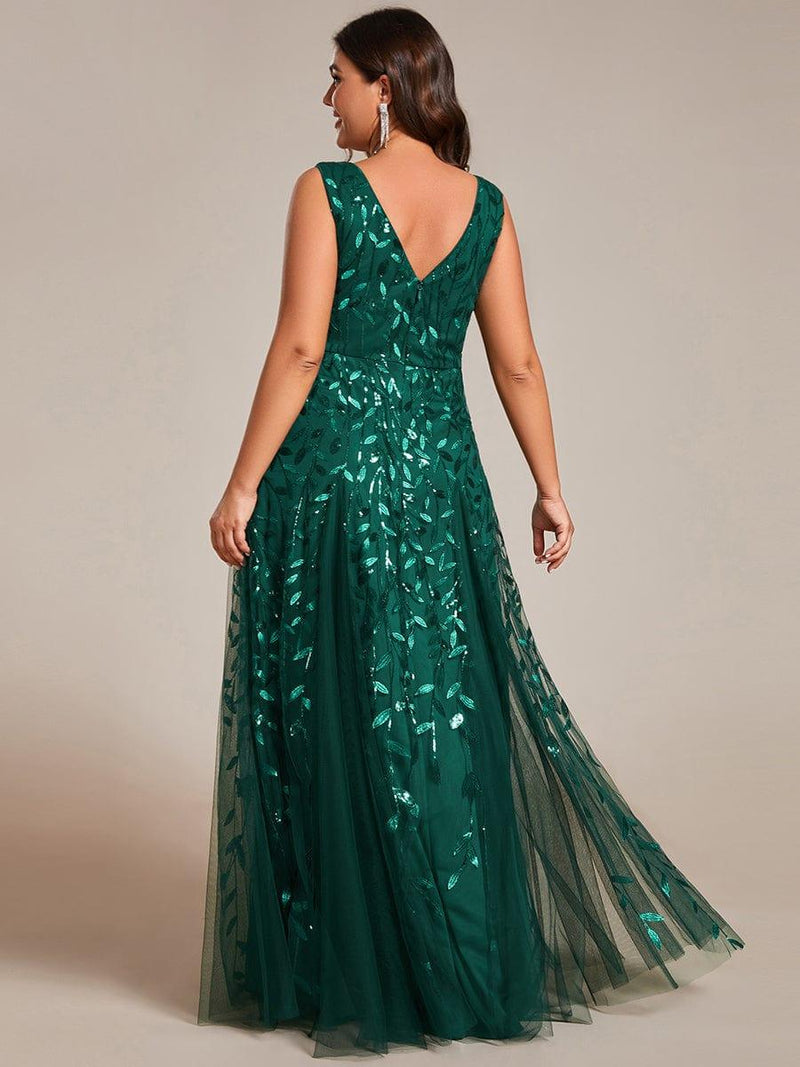 ever ZOEY|V-Neck Leaf Sequin Sleeveless A-Line Formal Evening Dress with Tulle