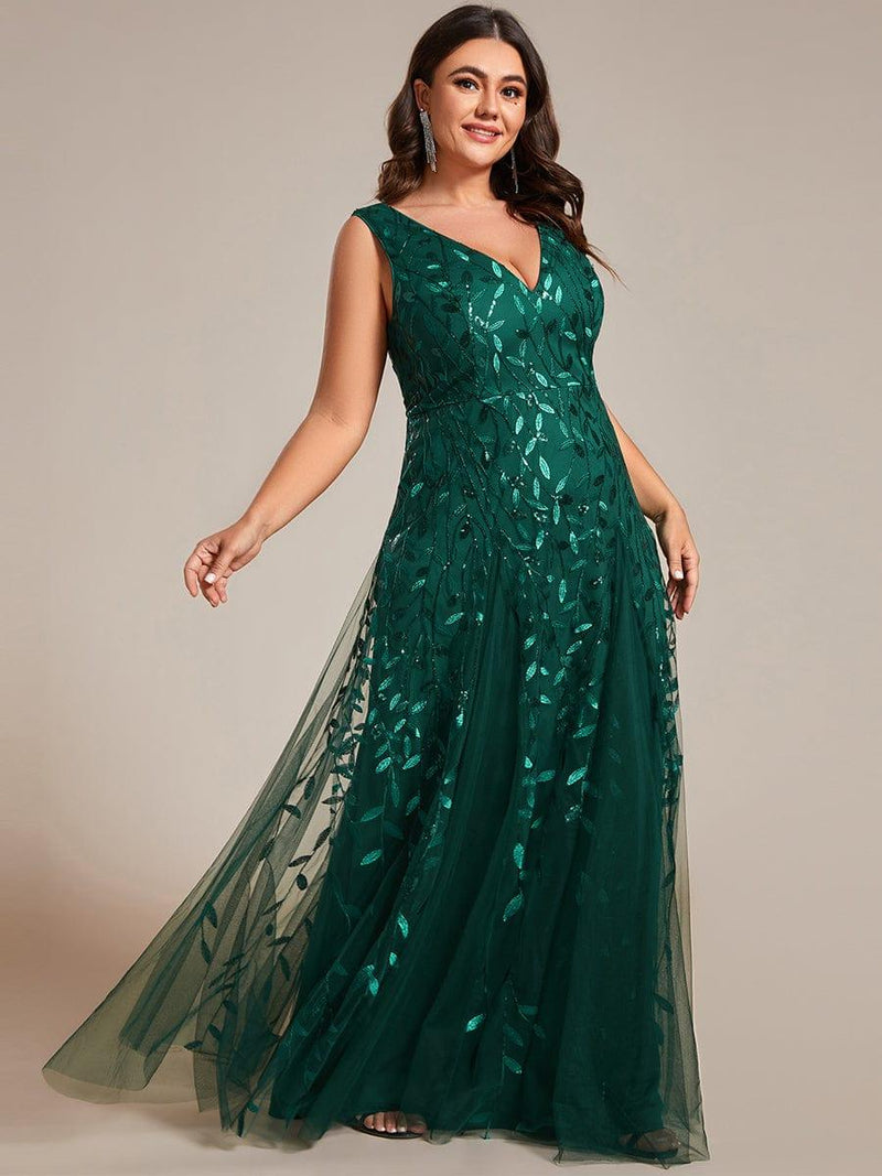 ever ZOEY|V-Neck Leaf Sequin Sleeveless A-Line Formal Evening Dress with Tulle