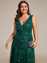 ever ZOEY|V-Neck Leaf Sequin Sleeveless A-Line Formal Evening Dress with Tulle