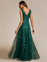 ever ZOEY|V-Neck Leaf Sequin Sleeveless A-Line Formal Evening Dress with Tulle