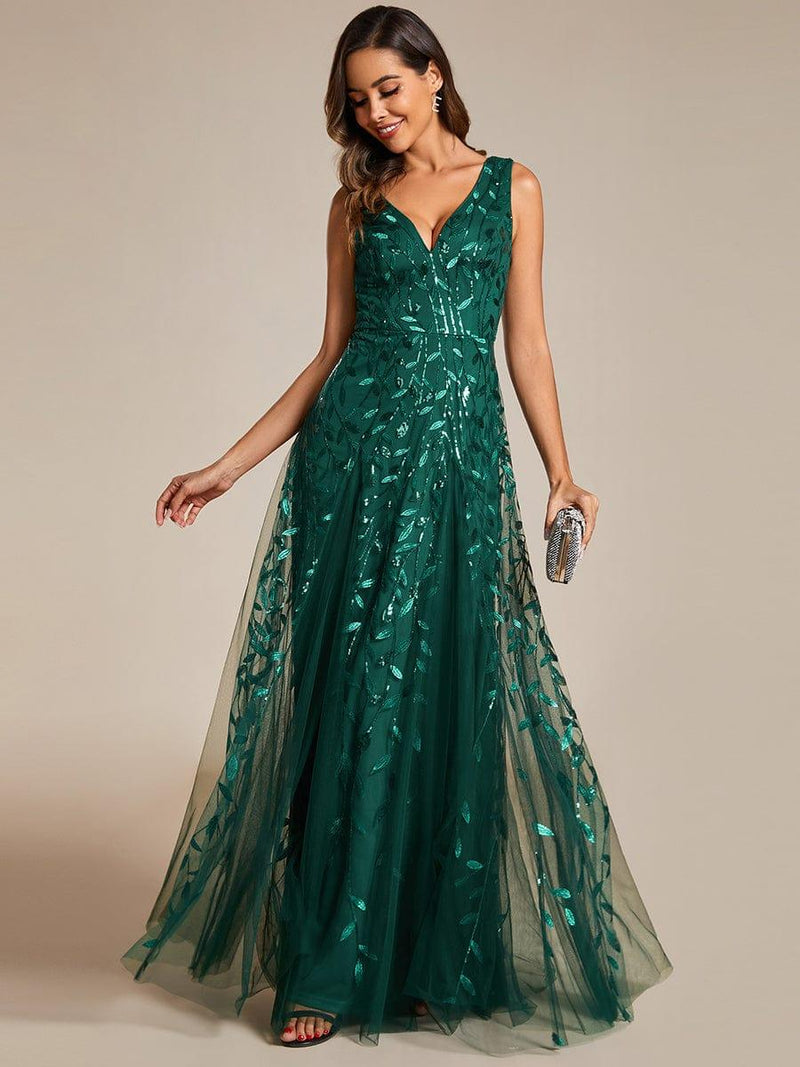ever ZOEY|V-Neck Leaf Sequin Sleeveless A-Line Formal Evening Dress with Tulle