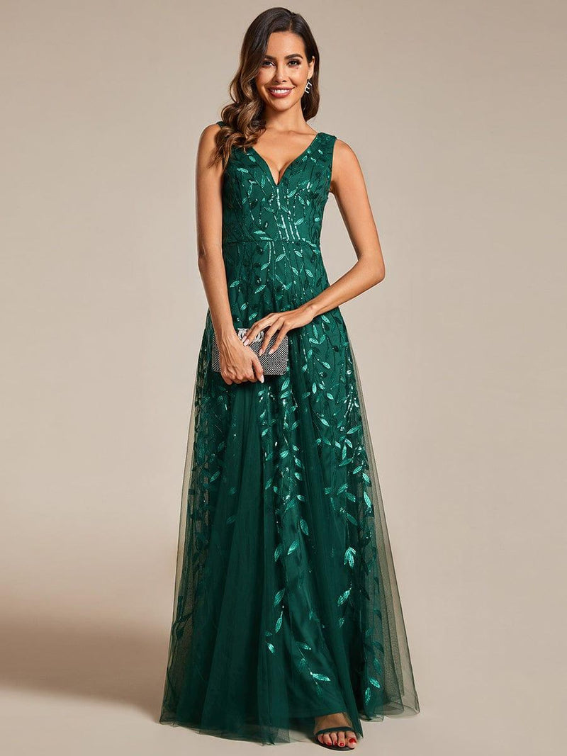 ever ZOEY|V-Neck Leaf Sequin Sleeveless A-Line Formal Evening Dress with Tulle