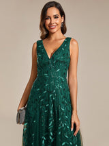 ever ZOEY|V-Neck Leaf Sequin Sleeveless A-Line Formal Evening Dress with Tulle
